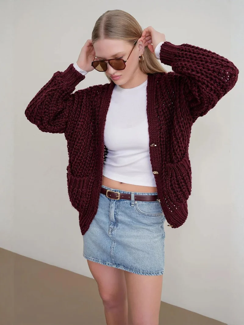 ميكسراي MIXRAY Oversized Ribbed Knit Cardigan with V-Neck and Pockets